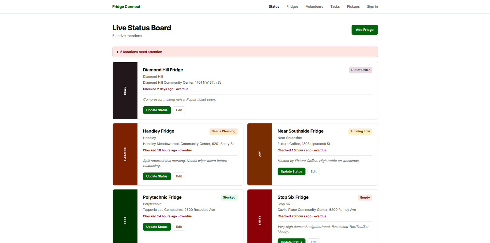Fridge Connect live status board — community fridge tracker